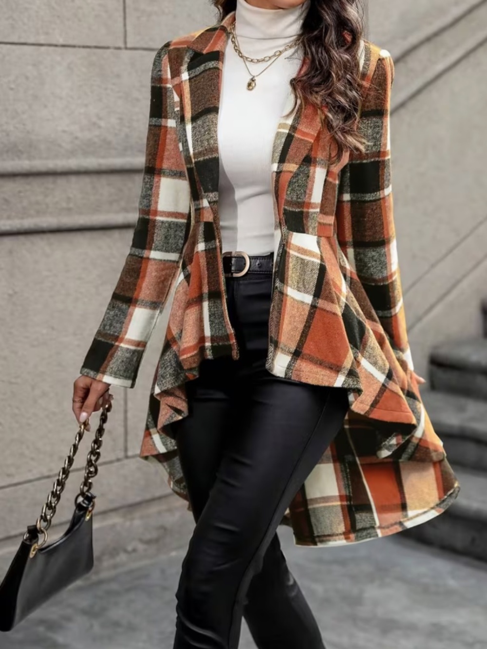 Plaid Waterfall Jacket Women’s SM | Rust Orange Brown Open Front Coat Cardigan